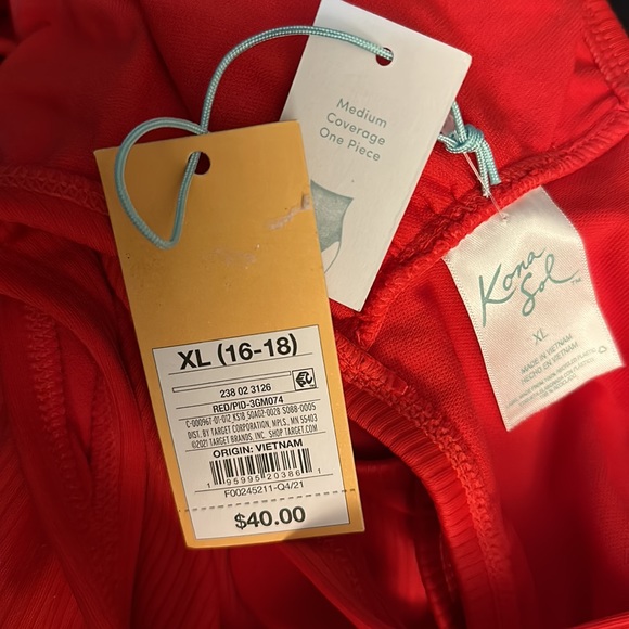 Kona Sol Textured Ribbed Side Cut Out Medium Coverage One Piece Swimsuit Red XL - Picture 3 of 5